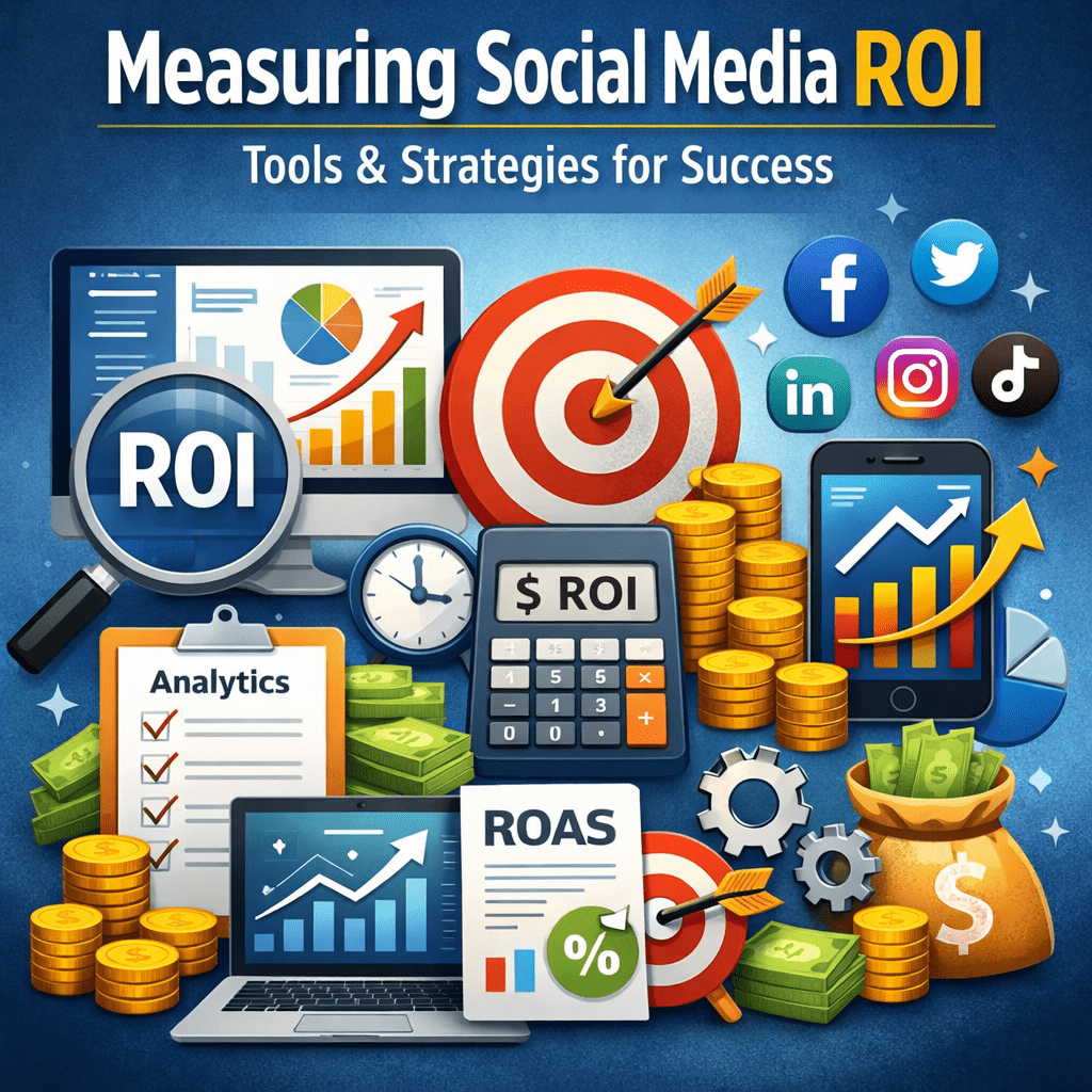 Illustration showing a laptop, smartphone, charts, calculator with ROI displayed, social media icons, target with arrow, and stacks of coins representing measuring social media ROI and performance analytics.