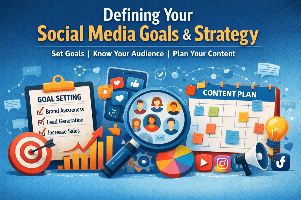 Illustration showing social media goal setting, audience targeting, and content planning with a checklist, target, calendar, and social media icons.