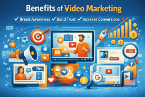 Illustration showing the benefits of video marketing including brand awareness, trust building, higher conversions, and improved SEO performance.