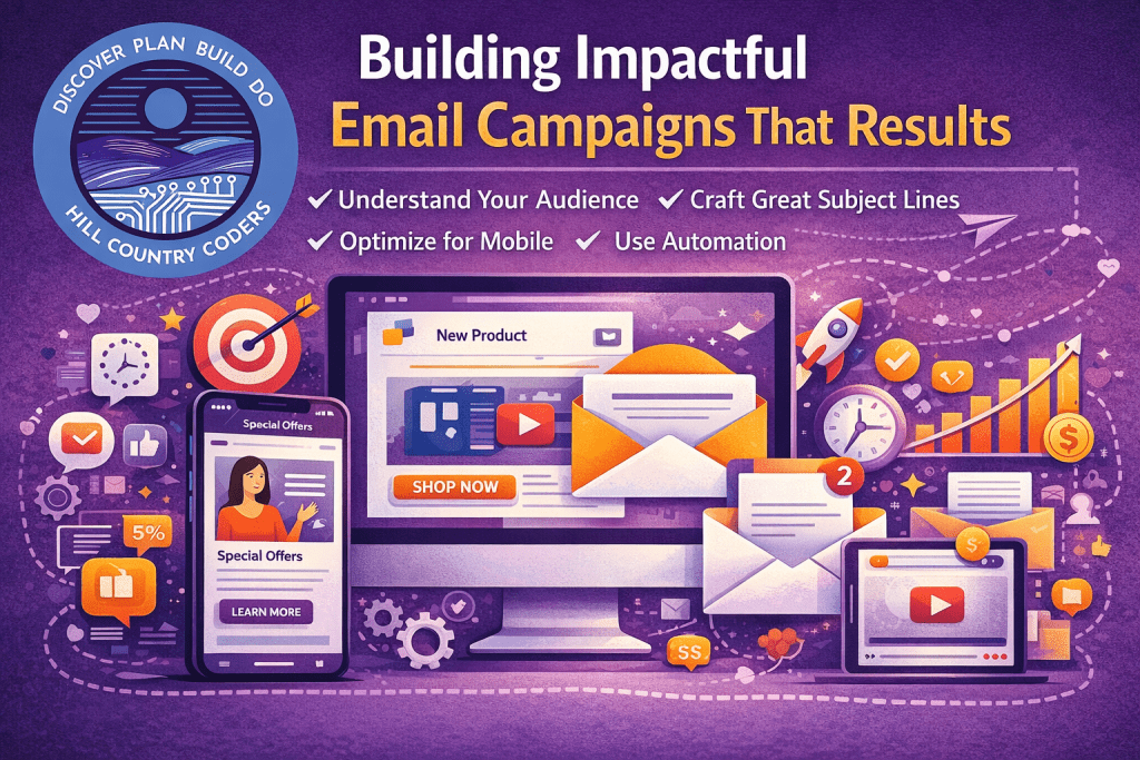 Illustration of email marketing strategy with desktop and mobile screens displaying email campaigns, featuring the Hill Country Coders logo in the top left corner.