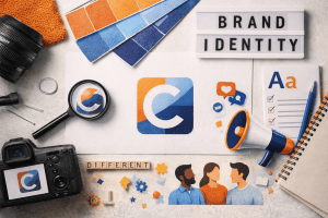 Overhead photo of branding elements including logo mockup, color swatches, typography samples, camera, and megaphone representing brand identity development.