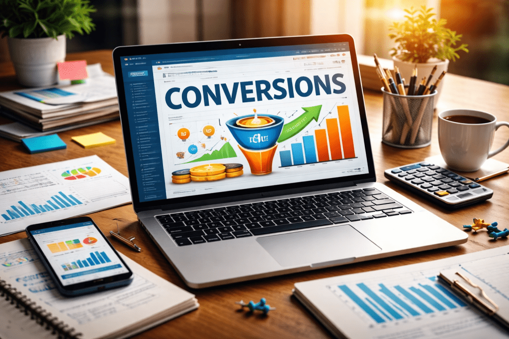 Laptop displaying a conversions dashboard with charts and growth graphs on a desk surrounded by marketing reports, phone, calculator, and coffee.