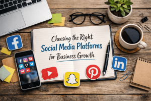 Top-down workspace scene with an open notebook titled “Choosing the Right Social Media Platforms for Business Growth,” surrounded by a laptop, smartphone displaying social apps, coffee cup, plant, and social media icons.