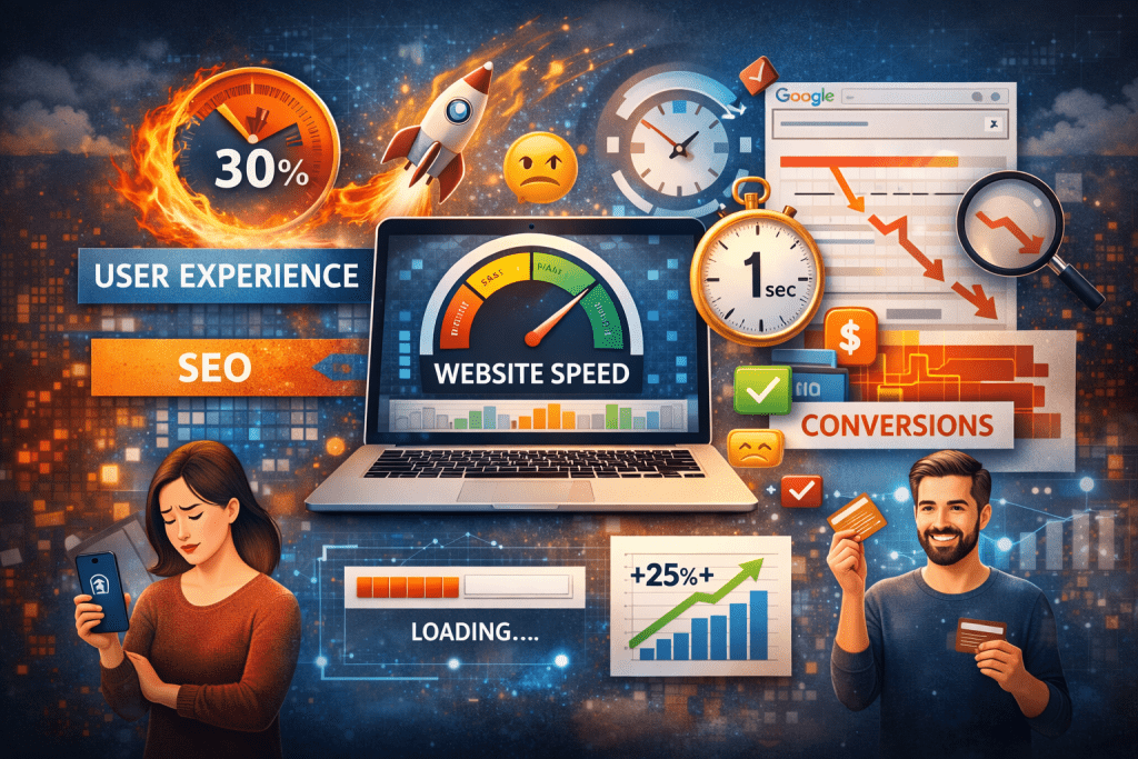 Illustration showing website speed impacting user experience, SEO rankings, and conversion rates through performance metrics and loading indicators.