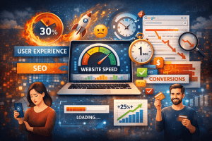 Illustration showing website speed impacting user experience, SEO rankings, and conversion rates through performance metrics and loading indicators.