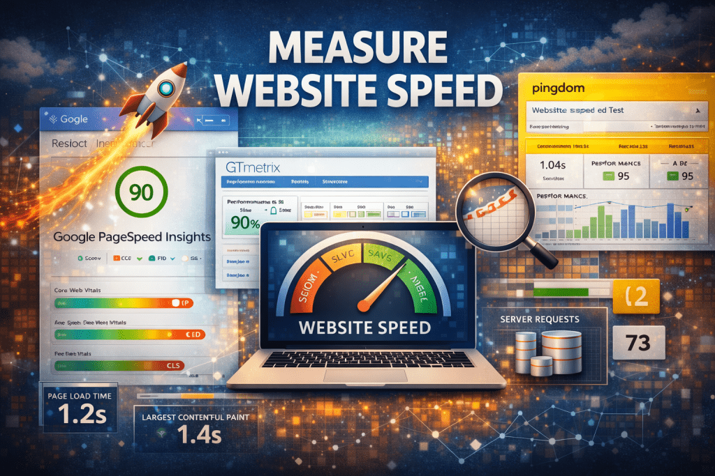 Dashboard illustration showing website speed measurement tools with performance scores, load time metrics, and analytics charts.