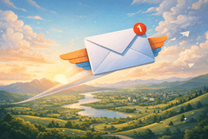 A large white envelope with small wings and a notification badge flies over a scenic landscape of rolling hills, river, and mountains at sunrise, symbolizing email marketing growth and performance.