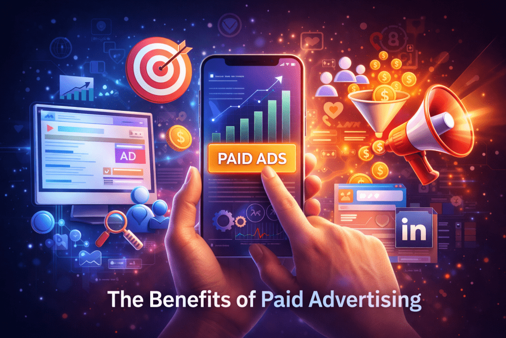Illustration showing a smartphone launching a paid advertising campaign with analytics charts, targeting icons, and marketing symbols representing the benefits of paid advertising for business growth.