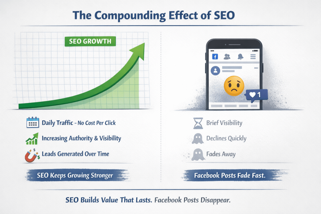 A breakdown of the compounding effect of SEO when comparing website vs Facebook