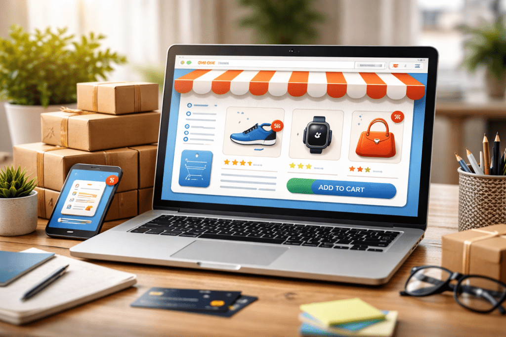 Realistic photo of a laptop on a wooden desk displaying an online e-commerce store with product listings, shopping cart button, and sale tags, surrounded by shipping boxes and office supplies. This is to represent E-Commerce Scalability.