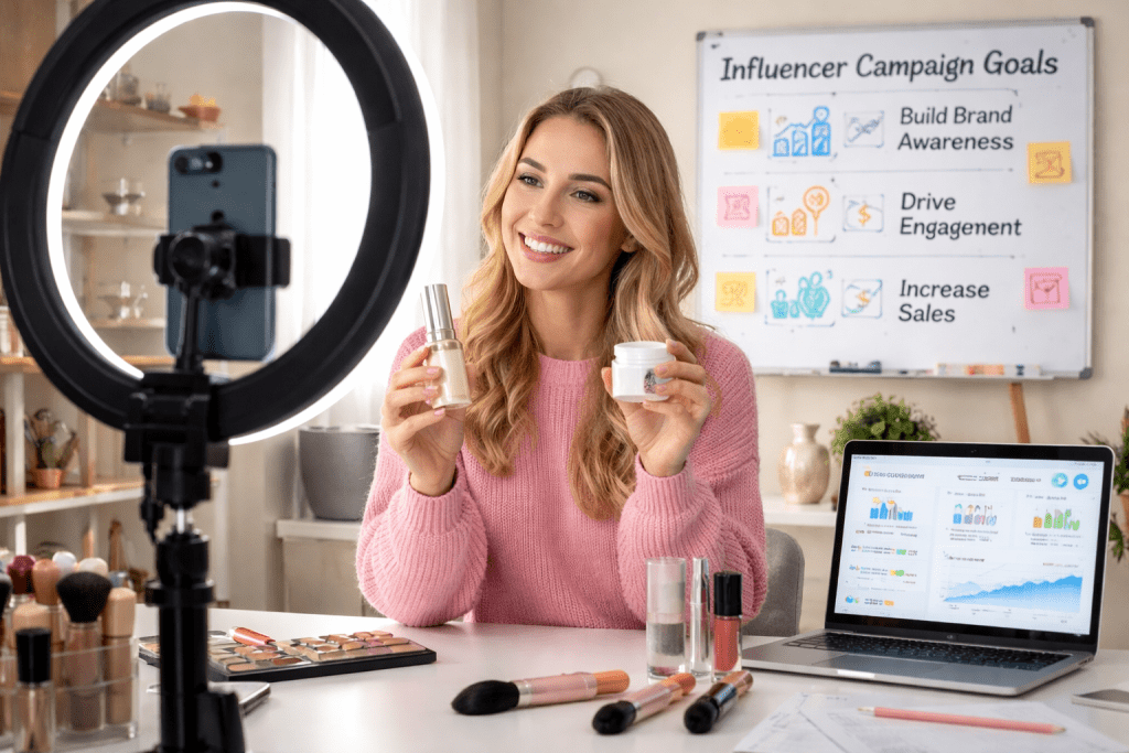 Influencer recording a product video with a smartphone and ring light while reviewing campaign goals and analytics in a home studio setting to represent goals for your influencer campaign.