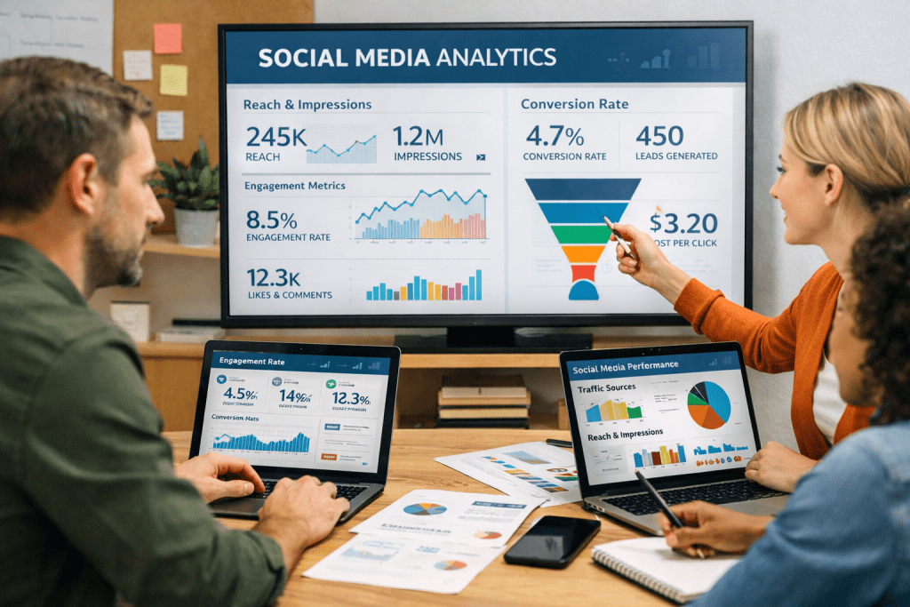 Marketing team reviewing social media marketing KPIs and campaign analytics on digital dashboards to represent KPIs with social media marketing campaigns.