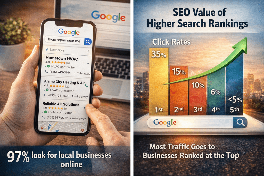 Example of local business Google search results and SEO ranking impact on traffic, highlighting why websites outperform social media alone