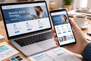Designer holding a smartphone displaying a responsive website next to a laptop version, illustrating a Mobile-First Design Approach across multiple devices.