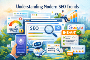 Illustration featuring a large SEO search bar with magnifying glass, Core Web Vitals speed gauge, mobile indexing icon, voice search smartphone, E-E-A-T checklist, and analytics charts representing modern SEO trends.