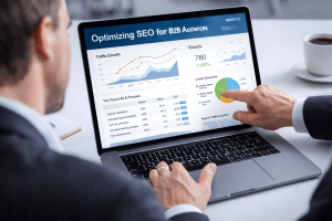 Two business professionals reviewing SEO analytics on a laptop, displaying traffic growth, keyword performance, and lead source data for B2B marketing.