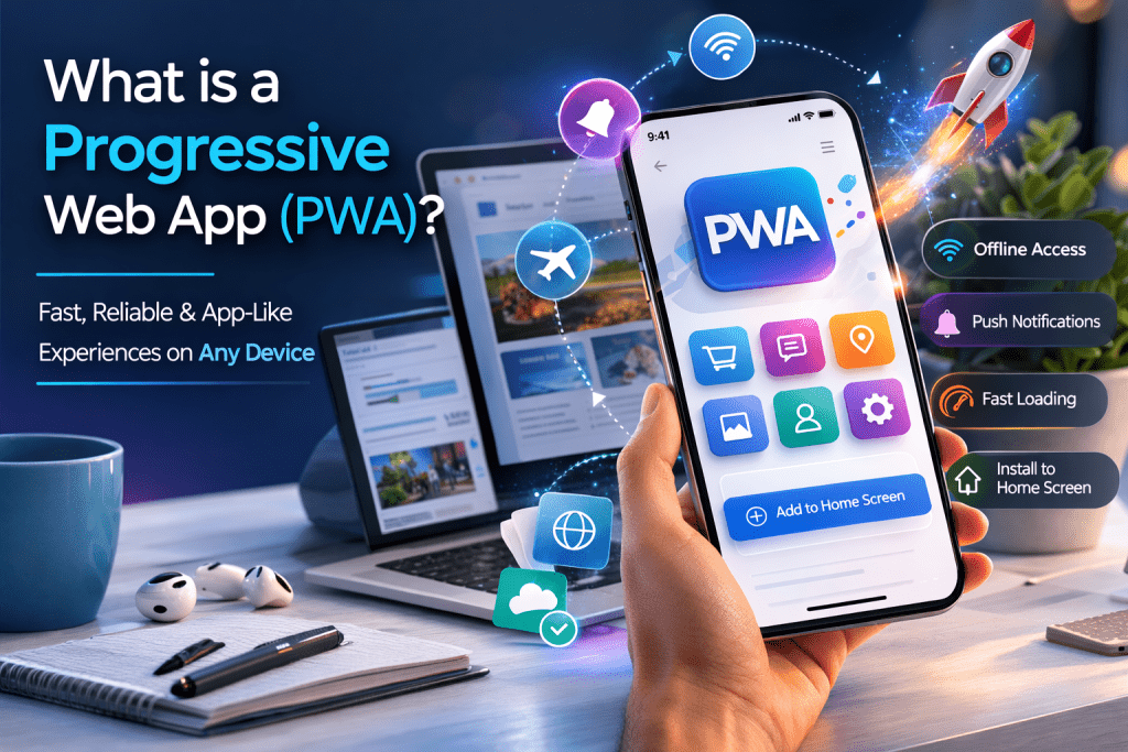 Illustration showing a smartphone displaying a Progressive Web App (PWA) interface with icons for offline access, push notifications, and home screen installation.