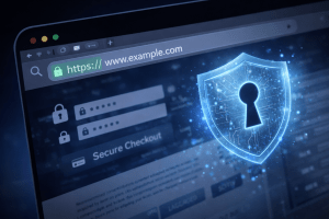 Close-up of a browser window showing an HTTPS address with a padlock icon and a glowing security shield, illustrating how SSL certificates secure data transfer on websites.