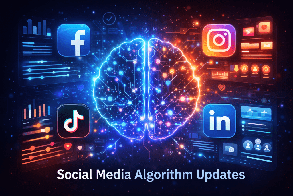Illustration showing a glowing digital brain representing social media algorithms, surrounded by icons for Facebook, Instagram, TikTok, and LinkedIn with data charts and engagement indicators.