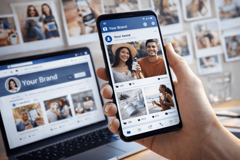 Person holding a smartphone displaying user-generated content on a social media feed, with real customer photos and engagement metrics visible on screen to illustrate UGC for social media.