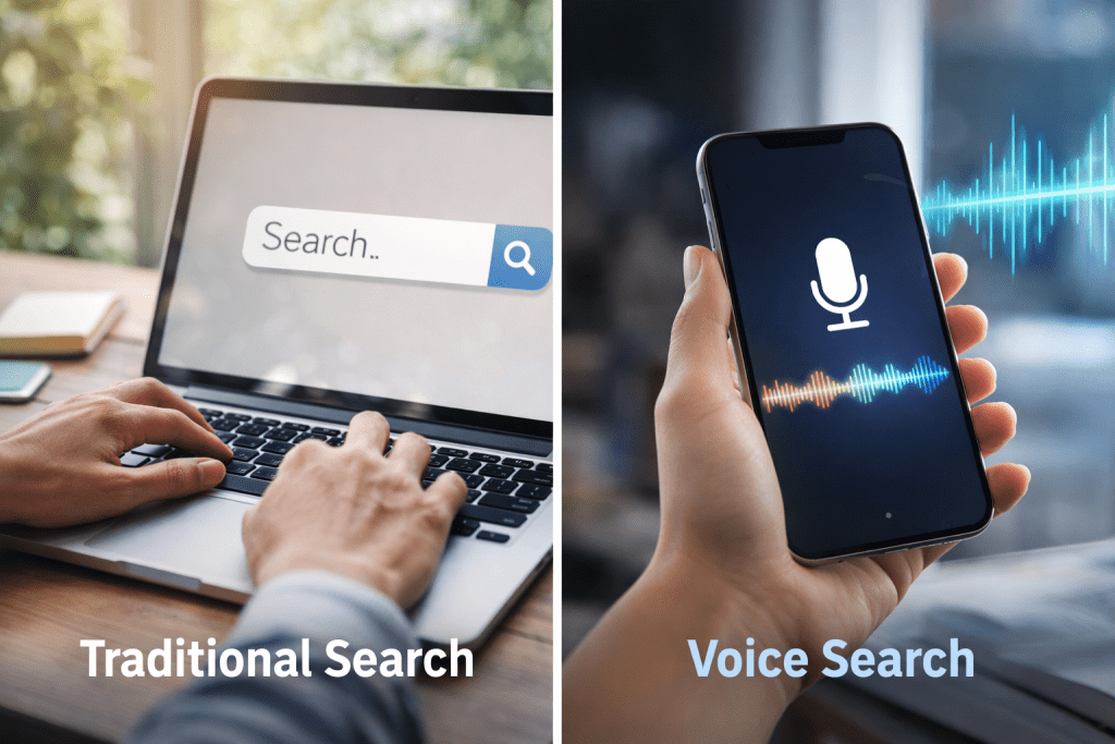 Split image showing voice search vs traditional search using a smartphone displaying a voice assistant microphone icon for voice search and a laptop displaying traditional search.
