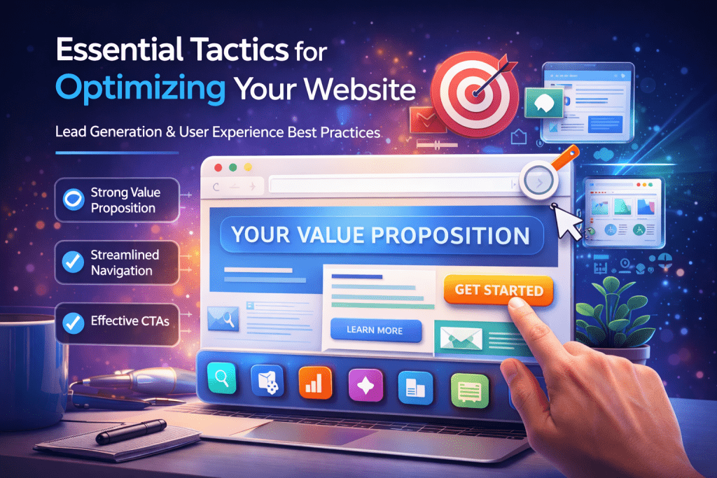 Illustration showing a laptop displaying a website with call to action buttons, navigation elements, and analytics icons representing website optimization tactics for improving conversions.