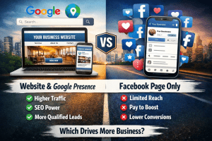 Illustration comparing website vs Facebook page only, showing higher traffic, SEO benefits, and qualified leads versus limited reach and lower conversions