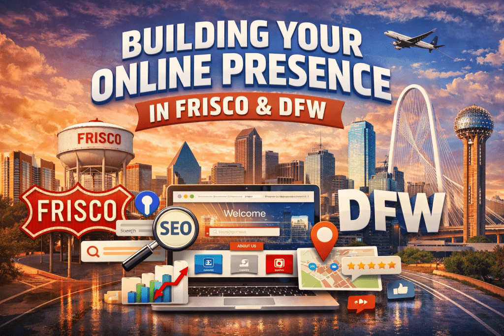 Digital illustration of building an online presence in Frisco and DFW featuring a laptop website, SEO icons, social media elements, and city skylines.