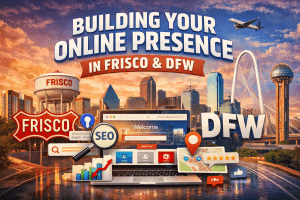Digital illustration of building an online presence in Frisco and DFW featuring a laptop website, SEO icons, social media elements, and city skylines.