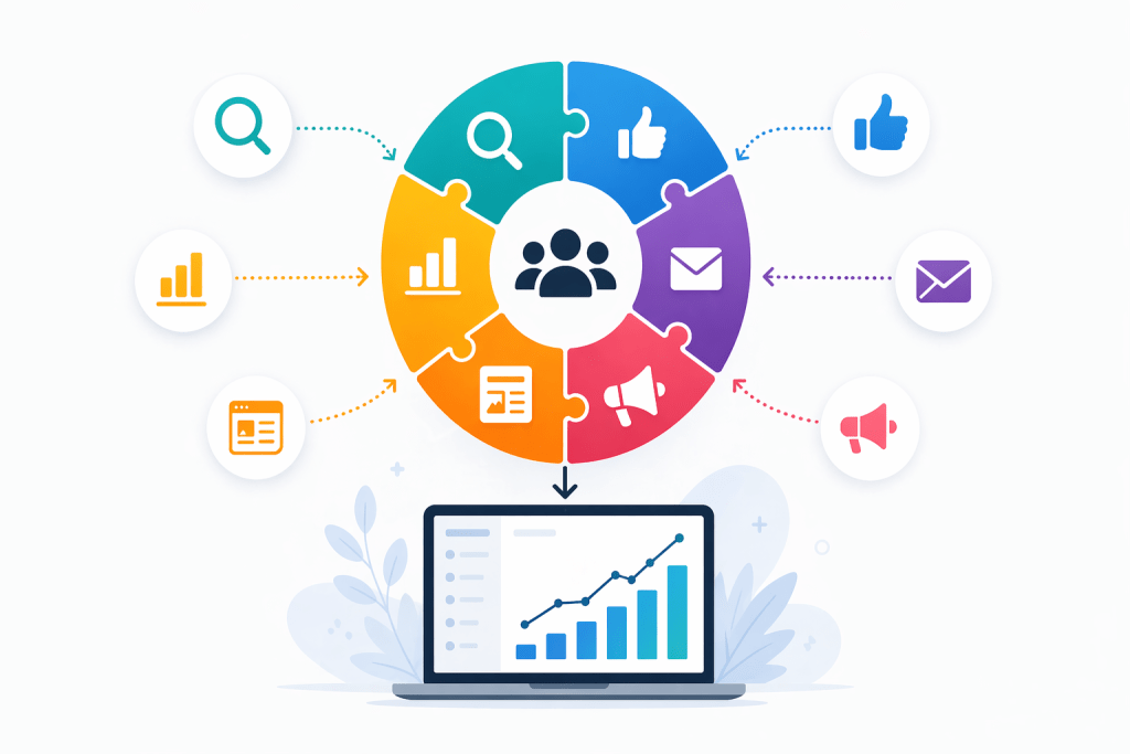 Illustration of integrated digital marketing channels working together, shown as colorful puzzle pieces connecting into a central system and driving analytics results on a laptop.