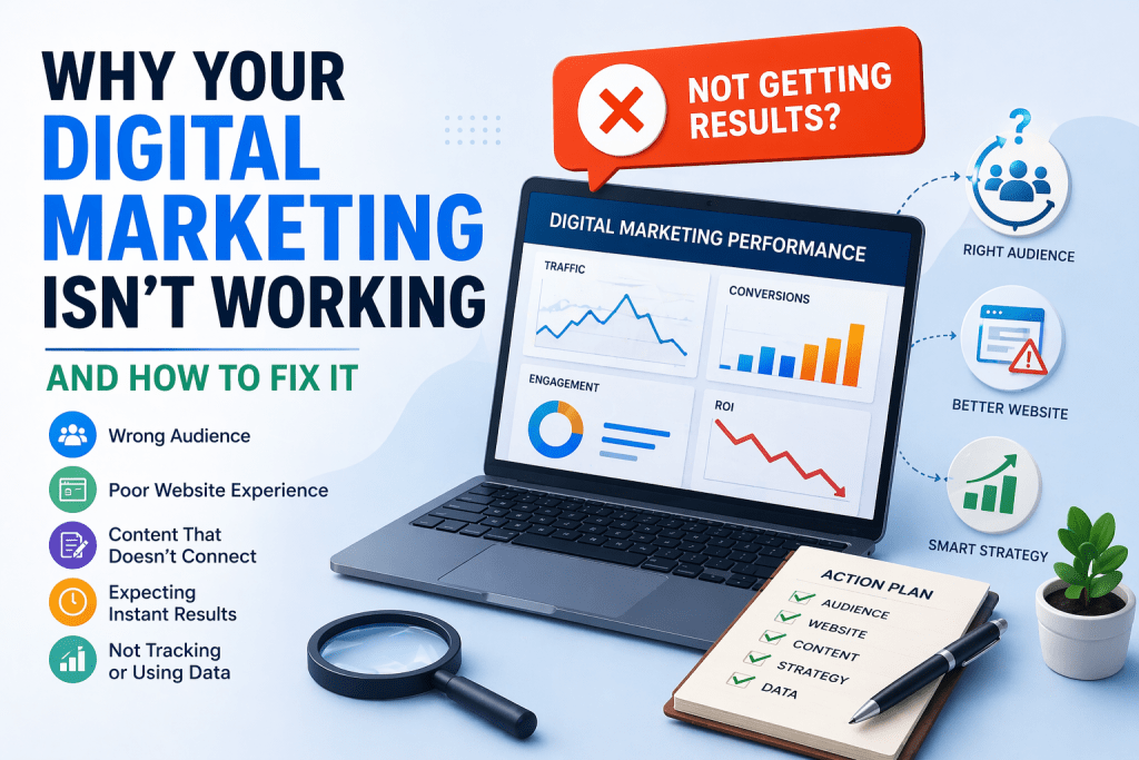 Infographic showing why digital marketing isn't working, featuring a laptop with declining analytics, a checklist of common issues like wrong audience and poor website experience, and visual icons representing solutions.
