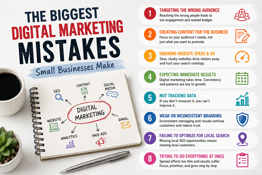 Infographic showing common Digital Marketing Mistakes made by small businesses, including targeting the wrong audience, poor content strategy, slow website speed, and lack of data tracking