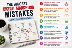 Infographic showing common Digital Marketing Mistakes made by small businesses, including targeting the wrong audience, poor content strategy, slow website speed, and lack of data tracking