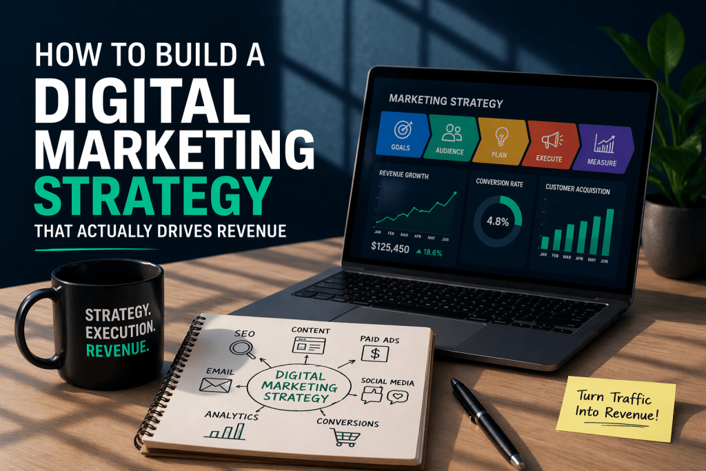 Modern workspace featuring a laptop with analytics dashboards, notebook with planning notes, and coffee mug representing a Digital Marketing Strategy focused on driving revenue and growth