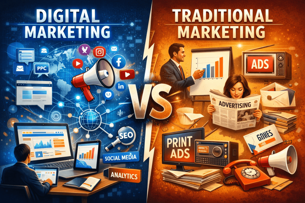Illustration comparing digital marketing vs traditional marketing, with the left side showing devices, analytics dashboards, social media icons, and SEO tools, and the right side showing print ads, newspapers, a TV commercial, radio, and direct mail.