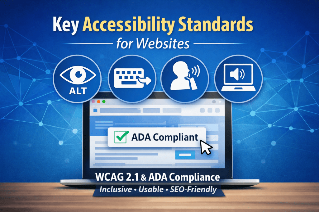 Graphic illustrating website key accessibility standards including alt text, keyboard navigation, voice accessibility, and WCAG 2.1 ADA compliant website design