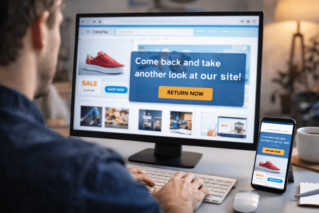 Man browsing a website on a desktop computer while retargeted ads appear on both his monitor and smartphone encouraging him to return to the site.