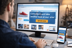 Man browsing a website on a desktop computer while retargeted ads appear on both his monitor and smartphone encouraging him to return to the site.
