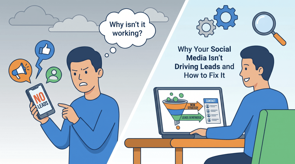 Illustration showing why social media is not generating leads. On the left, a frustrated business owner looks at a phone displaying no leads. On the right, a marketer uses a computer with a lead generation funnel and contact list, representing how to fix poor social media performance.