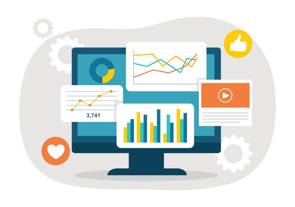 Analytics across multiple channels, representing a social media platform for business growth with charts, engagement metrics, and performance dashboards.