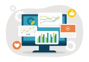 Analytics across multiple channels, representing a social media platform for business growth with charts, engagement metrics, and performance dashboards.
