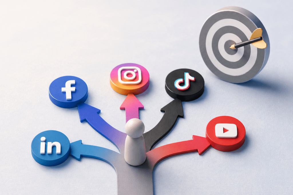 3D illustration showing a person at a crossroads choosing between major social media platforms including Facebook, Instagram, LinkedIn, TikTok, and YouTube, with a target in the background representing social media for business growth goals.