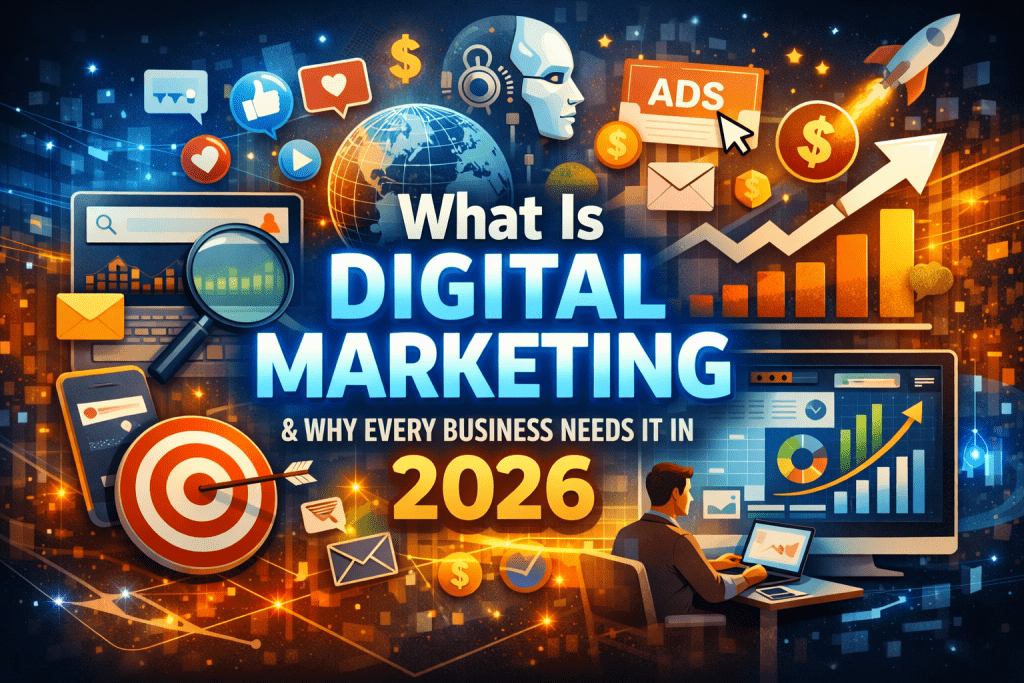 Illustration showing analytics dashboards, social media icons, AI elements, and business growth visuals representing what is digital marketing in 2026