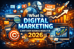 Illustration showing analytics dashboards, social media icons, AI elements, and business growth visuals representing what is digital marketing in 2026