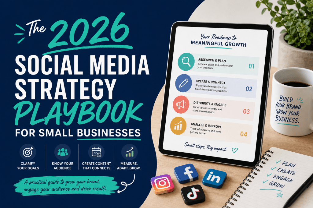 Illustration for The 2026 Social Media Strategy Playbook for Small Businesses featuring a modern desk workspace with a tablet showing a step-by-step marketing roadmap, social media app icons, notebook checklist, coffee mug, and bold headline text in blue and teal.